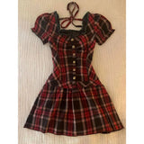 MQTIME  -  Red Square Collar Plaid Mini Dress Women Casual Fashion Sweet Fairy Dress Female Vintage Korean 2025 Summer Evening Party Dress