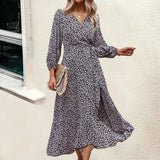 MQTIME  -  Printing Maxi Dress V Neck Bandage Boho Holiday Dress Long-sleeved Belt Lace-up Vestidos Ruffled Beach Dresses