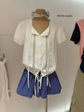  MQTIME  -  French Summer Drawstring Puff Sleeve Single Breasted Loose Lace-up Puff Women Shirt