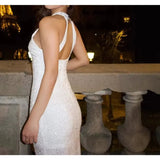 MQTIME  -  Spring New Women's Clothing Sequined Slanted Shoulder Slim Fit Sexy Backless Long Fishtail Dress