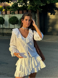 MQTIME  -  Women Fashion White Ruffles Lace Up Mini Skirt Suits Elegant V Neck Long Sleeves Top Short Skirts Set Summer Lady Street Outfits
