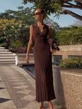  MQTIME  -  Fashion Knitted Pleated Long Dress For Women Elegant Sleeveless Polo Neck A-line Evening Party Dress Summer Holiday Lady Robes
