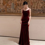 MQTIME  -  Simple Burgundy Velour Spaghetti Strap Long Wedding Dresses Women Sexy Backless Prom Party Gowns Toast Clothing