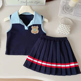 MQTIME  -  Baby Girl College Style Summer 2PCS Clothes Set Polo Collar Kid Girl Vest Top Set Thin Stylish Stripe Pleated Skirt Belle Outfit