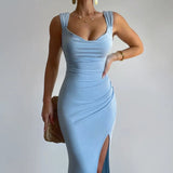 MQTIME  -  Lady New Slim High Waist Split Dress Temperament High Waist Sleeveless Halter Dress Summer New Solid Color Bodycon Evening Dress
