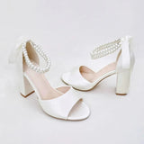 MQTIME  -  New High Heels Women's Thick Heel Sandals Versatile Ribbon Bow Pearl Belt Sandals.