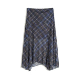 MQTIME  -  Vintage Preppy Plaid Skirt Sheer Chiffon Asymmetric Hem Midi Skirts Women Y2k Aesthetic Chic Female Retro Stylish Street Outfits