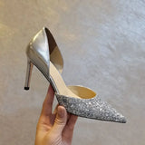 MQTIME  -  New Hollow Sequin Color Blocked High Heels Pointed Bridesmaids Work Wedding Shoes for Women