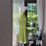MQTIME  -  Romantic Green Lace Women's Mermaid Evening Dresses Spaghetti Strap V Neck Sleeveless White Lace Trim Slit Formal Party Gown