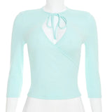  MQTIME  -  Women Light Blue 3/4 Sleeve Crop Top Front Tie Cutout V Neck Wrap Ruched Slim Fit Y2K Casual Elegant Basic Tee Shirts