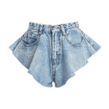 MQTIME  -  New Summer Fashion High Waist Ruffle Hem Denim Shorts Skirt Y2k Loose Ruched Short Light Blue Denim Washed Female Bottoms Zipper