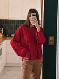 MQTIME  -  Casual Knitted Twist Sweaters Women Flare Long Sleeve O-neck Side Split Female Red Pullover 2024 Autumn Winter Chic Knitwear