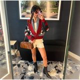  MQTIME  -  Fashion Geometric Printed Knitted Jackets For Women 2026 Autumn Long Sleeve Sweater Coats Single Breasted Lady Street Chic Tops