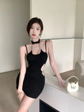 MQTIME  -  Black hollowed out camisole dress for women, summer chain hanging neck, spicy girl, pure desire style, sexy sleeveless buttocks