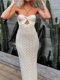 MQTIME  -  Sexy Strapless Bandeau Dress Hollow Out Crochet Knitted Tunic Beach Cover Up Cover-ups Beach Dress Beachwear Women DV5321B