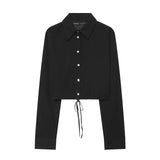  MQTIME  -  Elegant Women's Polka Dot Short Tulle Shirt Summer Lapel Long Sleeve Hem Drawstring Translucent Top Female Street Blouse