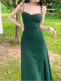 Mqtime Womem Vintage Sweet Midi Camisole Dress Side Split Casual Long Dress New French Retro V-Neck Green Chiffon Strap Dress