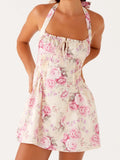 MQTIME  -  Women s Boho Floral Print Halter Neck Sleeveless Backless Mini Dress with Tie Front Detail and  Fit Silhouette