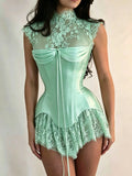 MQTIME  -  Custom Ivory High Neck Evening Dress Floral Lace Corset Prom Dresses Mini Vestidos De Noche Ruffle Formal Evening