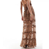 MQTIME  -  New Fashion Women's Summer Leopard Outfits Halter Neck Ruffled Tank Tops + Long Skirt Set Party Clothes