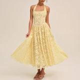 MQTIME  -  Fashion Backless Pleated Beach Dresses Sexy Women's Halter Hollow Out Holiday Dress Lace High Waist Slim Fit Summer Long Dress