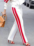 MQTIME  -  Female Fashion Casual Contrast Color Striped Printed Straight Leg Pants & Long Sleeves Zipper Stand Collar Jackets