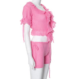 MQTIME  - Ruffles Knitted Two Piece Set Women Lace Up Ribbon Short Sleeve Shirts Crop Top Matching Shorts Summer Casual Streetwear Suits