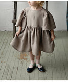  MQTIME  -  Summer Retro Linen Loose Flared Sleeve Dress Girls New Solid Color Cotton And Linen Casual Back Bow Tie Princess Dresses