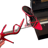 MQTIME  -  Red Pointed-toe High Heels New Straight Strap Open-toe Sandals Patent Leather Stiletto Heel Sexy Slippers Women