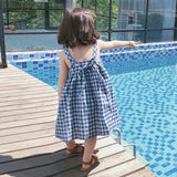 MQTIME  -  Girls Korean Blue Plaid Dress Summer New Cotton And Linen Children's Cute Bow Tie Sleeveless Halter Suspenders Dresses