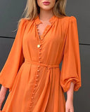 MQTIME  -  Orange Ruffles Midi Dress For Women Lantern Sleeve Button Solid Dress With Belt Daily Vacation Party Vestido