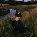 MQTIME  -  Maternity Dress For Photoshoot Pregnancy Off Shoulder Ruffled Semi Transparent Chiffon Long Dress Photography Dress For Women