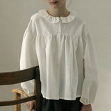 MQTIME  -  Girls' Cotton And Linen Doll Collar Cardigan White Shirt Spring New Bubble Sleeves Loose Cute Girl Long Sleeved Tops