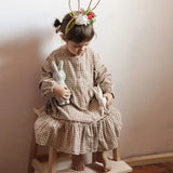  MQTIME  -  Retro Cotton Linen Long-Sleeved Plaid Dress Girls Spring New Button-up Ruffled Round Neck A-Line Dresses Children's Clothing