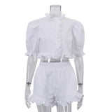 MQTIME  -  Women's White Ruffle 2 Piece Short Outfits Ruffle Crop Top High Waist Shorts Casual Fashion Streetwear Female Sets New