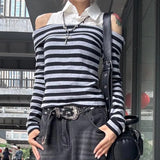 MQTIME  -  Early Autumn Fake Two Piece Striped Blouses 2024 New Lapel Neck Shirts Women Y2k Slim Fit Off Shoulder Long Sleeve Blusas Mujer