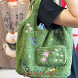 MQTIME  -  Creative Green Plush Bag Embroidered Lamb Wool Daily Storage Bag Embroidered Shoulder Handbag