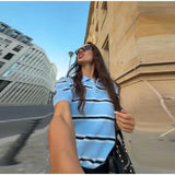 MQTIME  -  Y2K Women Summer Polo Shirt Blue White Contrast Striped Short Sleeve Knitted Blouse Cardigan Casual Commuter Hollow Tops