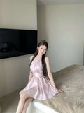 MQTIME  -  Pink Tie Dye Dresses Heavy Industry Diamond Encrusted Neck Dress Women Summer Sleeveless Temperament Short Vestido