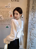 MQTIME  -  French Style Backless Long Sleeved Shirt for Women Summer Bow Short Blouse Elegant White Ruffled Top Blusas Femininas Elegantes