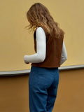  MQTIME  -  Suede Matte V-neck Women's Vest Solid Button Closure Sleeveless Slim Fit Female Vest Fashion Elegant Autumn Waistcoat For Ladies