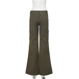 MQTIME  -  Vintage Low Rise Cargo Flare Pants Multi Pocket Streetwear Trousers