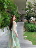 MQTIME  -  Green Tie-dye Mesh Suspender Dress Women's Summer High-end Seaside Vacation Slim-fitting Hip-wrapped Dress