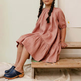  MQTIME  -  Summer Girls Soft Linen Ruffle Dress New Children's Puff Sleeve Casual Loose Cotton And Linen Gather Dresses TZ255