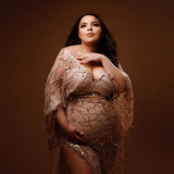 MQTIME  -  Boho Materntiy Photoshoot Dress sexy Tassels Sequins Champagne Bohemian Tulle Sequined Pregnant Woman Photography Dress
