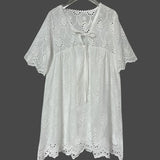 MQTIME  -  Sexy V Neck Lace-up Embroidery Lace Dress Autumn Half Sleeve Loose A-Line Party Dress Women Spring Jacquard Crochet Mini Dresses