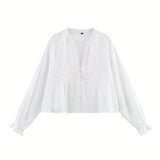  MQTIME  -  Women Elegant Chic Blouse Floral Embroidery Hollow Out Long Sleeve Buttons Shirts Spring Summer Casual Office Lady Tops