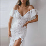 MQTIME  -  Women Sexy V Neck Hollow Sling Long Dress Spring Embroidery Lace Ruffles Split Mermaid Dress Summer Off Shoulder Irregular Dress