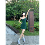 MQTIME  -  Dark Green Retro Floral Dress for Women Spring/summer French High Waisted Slim Fit Sleeveless Suspender Spicy Girl Short Skirt