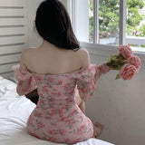 MQTIME  - Sweet Flower Printed Pink Dress Hot Girls Square Collar Long Sleeves Mini Bandage Dress Fashion Retro Pleated Slim Summer Dress